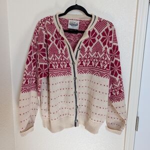Vintage Alps Merrimac Valley Size XL Cream Red Fair Isle 100% WOOL Cardigan